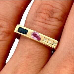 10k Solid Yellow Gold Scosha Ring Pink And Blue Sapphire and Diamonds